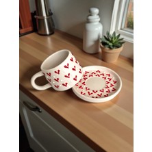 Artistic Quality Dekoratif Kırmızı Kalp Işlemeli, Kabartma Detaylı Çay-Kahve Fincanı 1 Adet