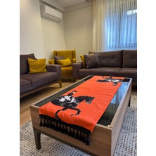 Karam Home At Figürlü Turuncu Runner | Siyah Püsküllü Modern Orta Sehpa & Masa Örtüsü