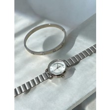 Mac Center Model Gümüş Renk Paslanmaz Kararmaz Çelik Kordon Kadın Kol Saati ve Kombin Bileklik Seti