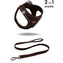 Feyza Design Kedi Köpek Air-Mesh Göğüs Tasması ve Gezdirme Sevk Kayışı Seti, Kahverengi