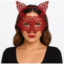 Skygo Kırmızı Dantel Kedi Maskesi ve Dantel Taç Seti – Kadın Kostüm Aksesuarı