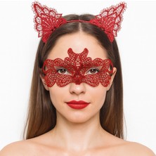 Skygo Ateş Kırmızısı Dantel Taç ve Maske Seti 10 No - Maskeli Balo & Özel Gün Seti
