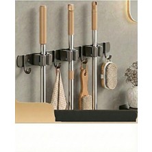 PremiumPort Paslanmaz Çelik 3 Klipsli ve 4 Kancalı Paspas Süpürge Fırça Askısı