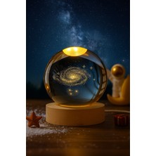 PremiumPort 3D Kristal Küre Samanyolu LED Gece Lambası, Ahşap Standlı, USB Bağlantılı