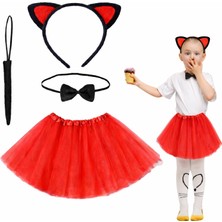 Skygo Kırmızı Renk Etekli Kedi Kostüm Seti (Tütü, Taç, Papyon, Kuyruk)