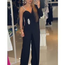 Tiana Kadın Tek Omuzdan Askılı Uzun Kollu Yakalı Yandan Çiçek Aksesuar Detaylı Ithal Krep Tulum