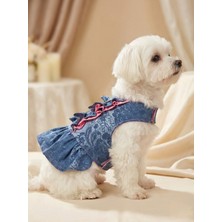 Feyza Design Şık Fırfırlı Kot Kedi Köpek Elbisesi ve Gezdirme Tasma Seti