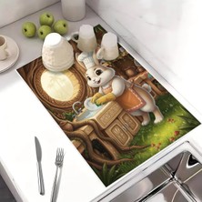 Harikabirev Bulaşık Kurutma Matı Kurutma Örtüsü Tezgah Üstü Bulaşıklık 40X50CM Yıkanabilir | Tavşan Desenli