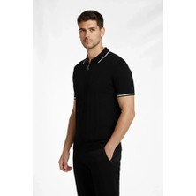 Erkek Fermuarlı Yaka Fitilli Triko Kısa Kollu Regular Fit Tişört T-Shirt - Siyah
