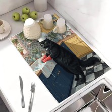 Harikabirev Bulaşık Kurutma Matı Kurutma Örtüsü Tezgah Üstü Bulaşıklık 40X50CM Yıkanabilir | Siyah Kedi Desenli