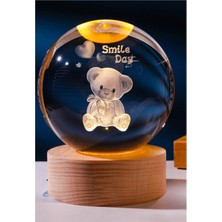 PremiumPort Sevimli Ayıcık Tasarımlı Işıklı Cam Küre, Ahşap Altlı 6cm, 2cm