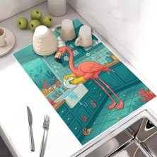 Harikabirev Bulaşık Kurutma Matı Kurutma Örtüsü Tezgah Üstü Bulaşıklık 40X50CM Yıkanabilir | Flamingo Desenli