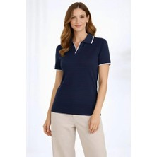 Triko Kumaş Yakalı Düğmesiz Açık Yaka Fitilli Kısa Kollu Regular Fit Tişört T-Shirt - Lacivert