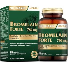 Nutraxin Bromelain Forte – 750 Mg Bromelain, Yeşil Çay Ekstresi, Krom ve Probiyotik Içeren Sindirim ve Bağışıklık Destek Tableti – 60 Tablet – Alerjen Içermez