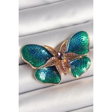 Inure Jewelry Pirinç Gold Renk Turquaz Model Zirkon Taş Detaylı Kelebek Model Kadın Broş