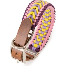Feyza Design El Örgüsü Paracord ve Deri Köpek Tasması, Ayarlanabilir, Metal Tokalı
