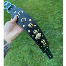 Feyza Design Hakiki Deri Kangal Köpek Tasması, 4 Zilli, Aslan Başlı, Üç Hilalli