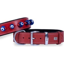 Feyza Design Large Kırmızı Deri Köpek Boyun Tasması, Nazar Boncuklu, 4X57-65 cm