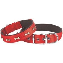 Feyza Design Köpek Tasma, Metal Kemik Desenli, 3 cm x 65 Cm, Kırmızı