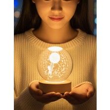 PremiumPort 3D Kristal Cam Küre Gece Lambası, Ahşap Altlıklı USB LED Dekorasyon