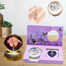 PremiumPort Kişiye Özel Inci Kolye ve 3D Yonca Işıklı Cam Küre Hediye Seti