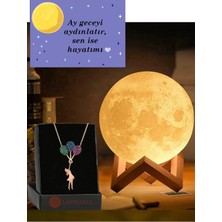 PremiumPort 3D Ahşap Ay Gece Lambası ve Balonlu Kız Kolye Hediyeli LED Başucu Işık