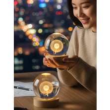 PremiumPort Ahşap Altlıklı USB LED Kristal Cam Küre Gece Lambası, Dekoratif ve Hediye