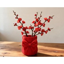 3D Baskı Örgü Desenli Kurdeleli Dekoratif Saksı – Kırmızı