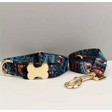 Feyza Design Etnik Desenli Ayarlanabilir Köpek Tasma Seti, Metal Kemik Süslemeli, Isimlikli