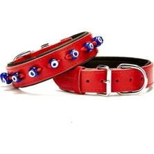 Feyza Design Kırmızı Deri Köpek Boyun Tasması, Nazar Boncuklu, Medium, 3.5X47-55 cm