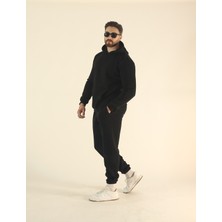 EYDAMOON Erkek Siyah Kışlık Içi Polarlı Yumuşak Dokulu Kanguru Cepli Kapüşonlu Lastikli Paça Eşofman Takımı