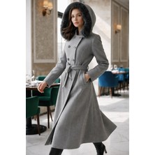 Esin Giyim Kruvaze Kuşaklı Kapüşonlu Orta Boy Kaban