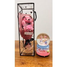 Ekonomik Sepeti Sevgililer Günü Için Beyaz Ayıcık Buket-Gitar Çalan Çift Işıklı Renkli Kar Küresi Set