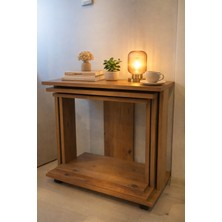 3'lü Zigon Sehpa 1'i Tekerlekli-Atlas Çam-Yan Sehpa-Laptop Sehpası