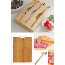 3'lü Set - Bambu Kesme Tahtası Et Dövme Çekici Pizza Kesme Bıçağı