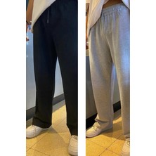 Eydamoon Erkek Siyah-Gri Baggy Rahat Kesim Bol Paça 2 Iplik  Kalıp Eşofman Altı