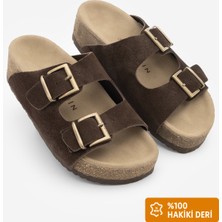 Marjin Kadın Hakiki Deri Çift Bantlı Mantar Yüksek Taban Günlük Terlik Digoza Kahve Süet