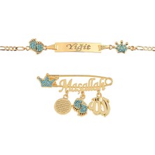 Minik Adımlar Kristal Taşlı Kaplama Isimli Bebek Künyesi ve Maşallah Yaka ,yastık ve Beşik Iğnesi Isme Özel