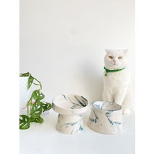 Feyza Design Çiftli Seramik Kedi ve Köpek Mama Su Kabı, Yeşil Beyaz ve Renkli Moon Desen