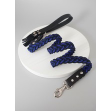 Balkonda Köpek Gezdirme Kayışı Tasması Deri Saplı 9 Kat Saç Örgü Floş İp Lacivert - Siyah