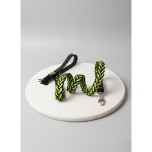 Balkonda Köpek Gezdirme Kayışı Tasması Deri Saplı 9 Kat Saç Örgü Floş İp Neon Yeşil - Siyah