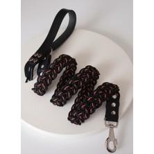 Balkonda Köpek Gezdirme Kayışı Tasması Deri Saplı 9 Kat Saç Örgü Floş İp Koyu Turuncu - Siyah