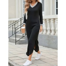 Eccey Butik Kadın Uzun Kollu V Yakalı Yanlardan Yırtmaçlı Uzun Viskon Iki Iplik Elbise