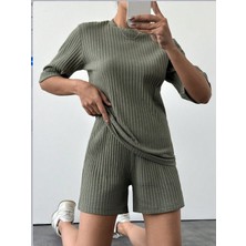 Eccey Butik Kadın Kısa Kollu Bisiklet Yaka Kaşkorse Bluz Şort Ikili Takım