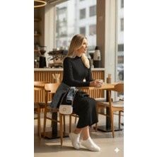 Eccey Butik Kadın Uzun Kollu Balıkçı Yakalı Yanlardan Yırtmaçlı Kaşkorse Maxi Elbise