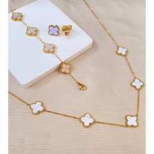 Şöhret Takı Aksesuar Gold Beyaz Yonca Seti Kolye Bileklik Küpe Paslanmaz Çelik