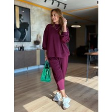 Eccey Butik Kadın Uzun Kollu Bisiklet Yaka Viskon Iki Iplik Mor Bluz ve Pantolon Ikili Takım