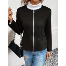 Eccey Butik Kadın Uzun Kollu Yuvarlak Yaka Önden Fermuarlı Süet Ceket