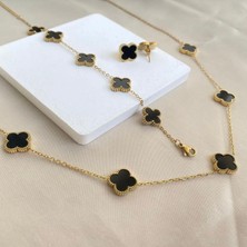 Şöhret Takı Aksesuar Gold Siyah Yonca Kolye Bileklik Küpe Seti Paslanmaz Çelik