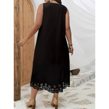 Eccey Butik Kadın Kolsuz Etek Ucu Lazer Kesim Çiçek Desenli Midi Boy Janjan Krep Elbise